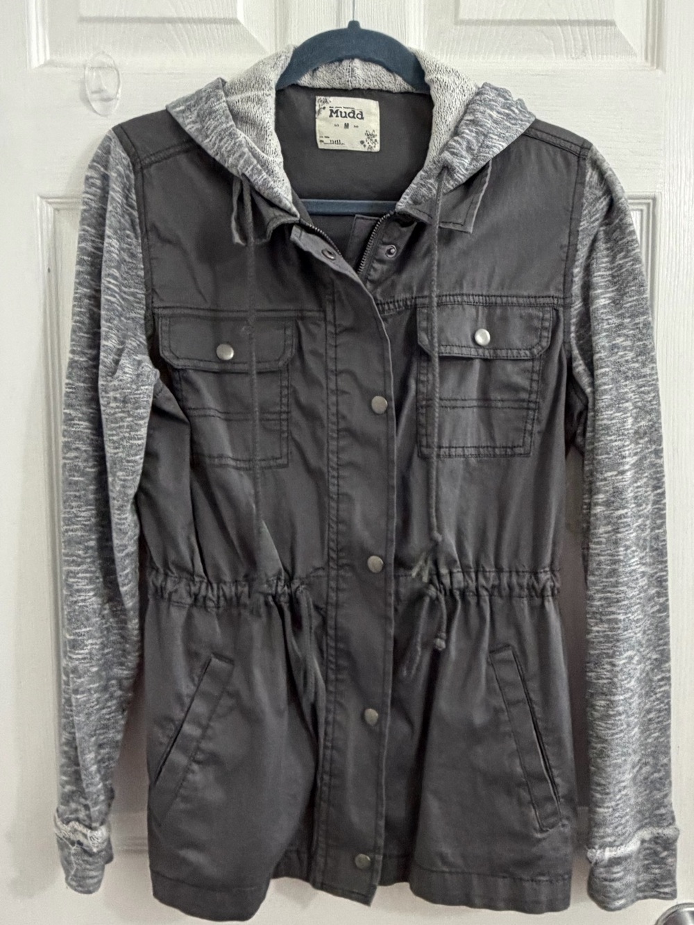Mudd Black Utility Jacket with Heather Gray Knit Hoodie & Sleeves. Size medium